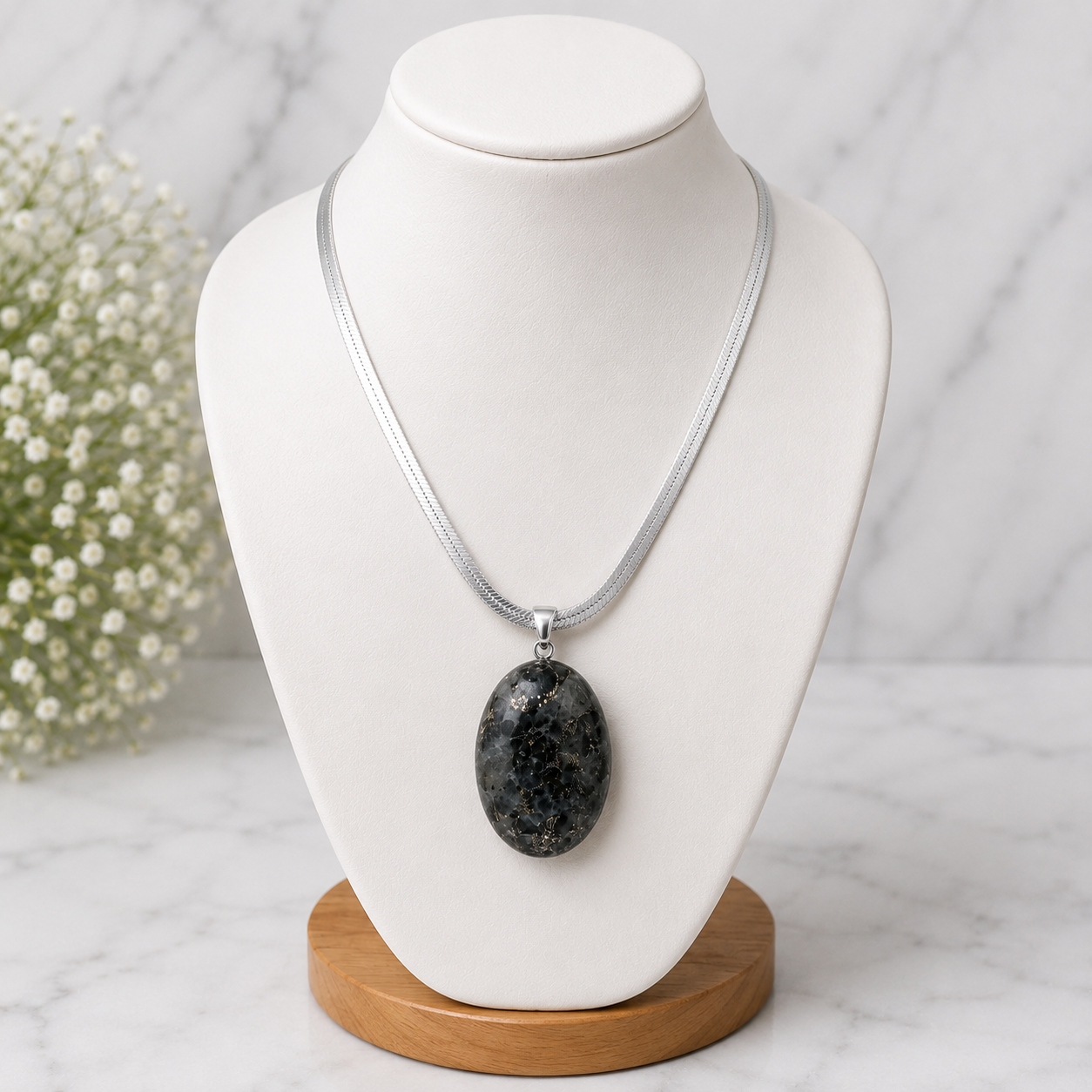 Natural Larvikite Pendant – Polished Gray Flash Gemstone Crystal Necklace | Jewelry Gift for Women & Men
