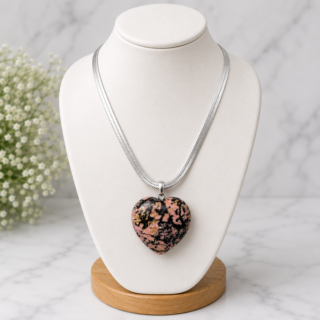 Natural Rhodonite Heart Pendant – Polished Pink & Black Gemstone Crystal Necklace | Jewelry Gift for Women & Men