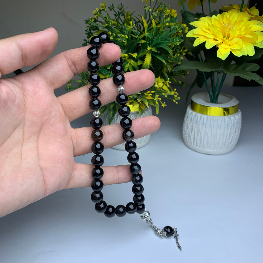 Black Sulamani Aqeeq Tasbih – Premium Handmade Natural Agate 33 Prayer Beads 10mm