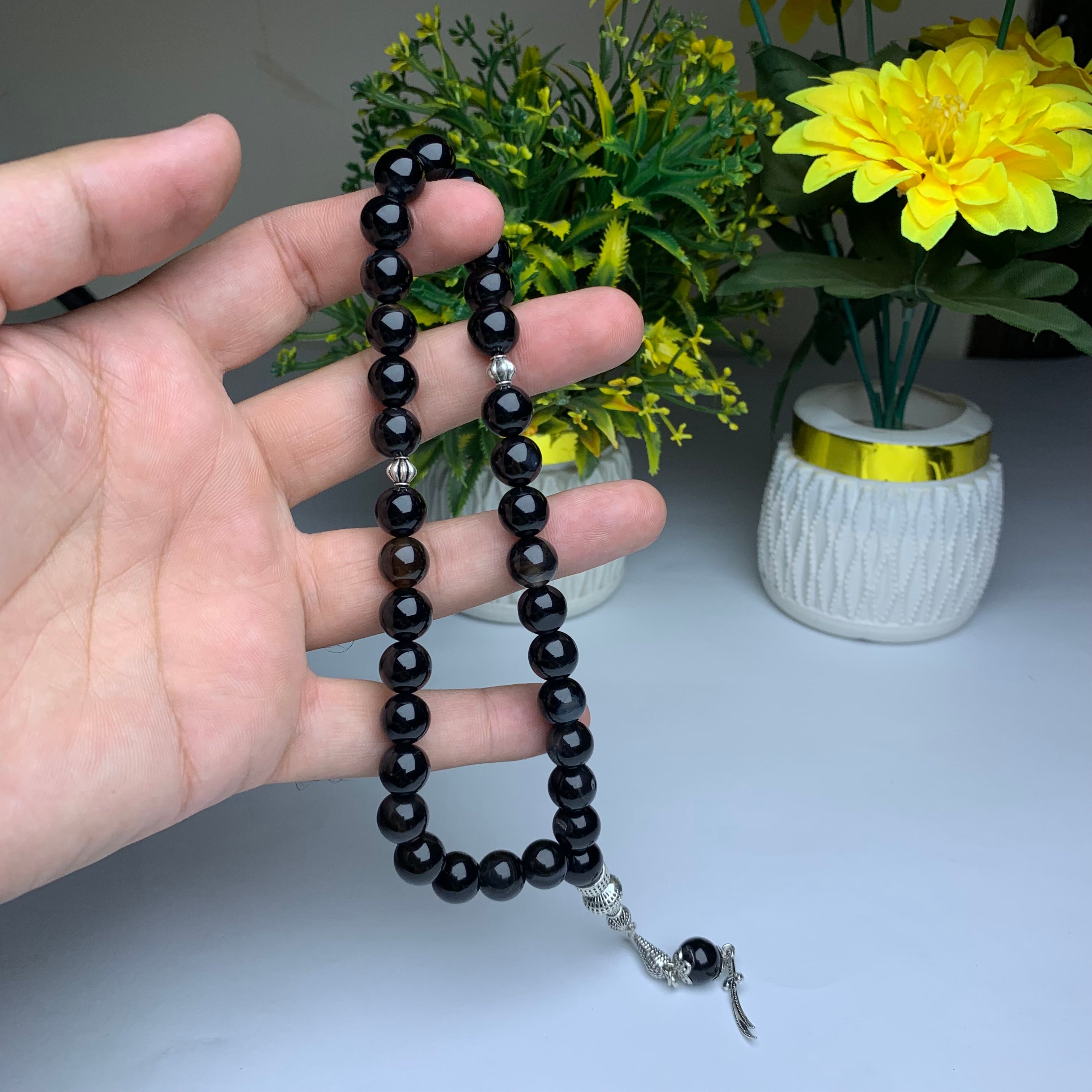 Black Sulamani Aqeeq Tasbih – Premium Handmade Natural Agate 33 Prayer Beads 10mm