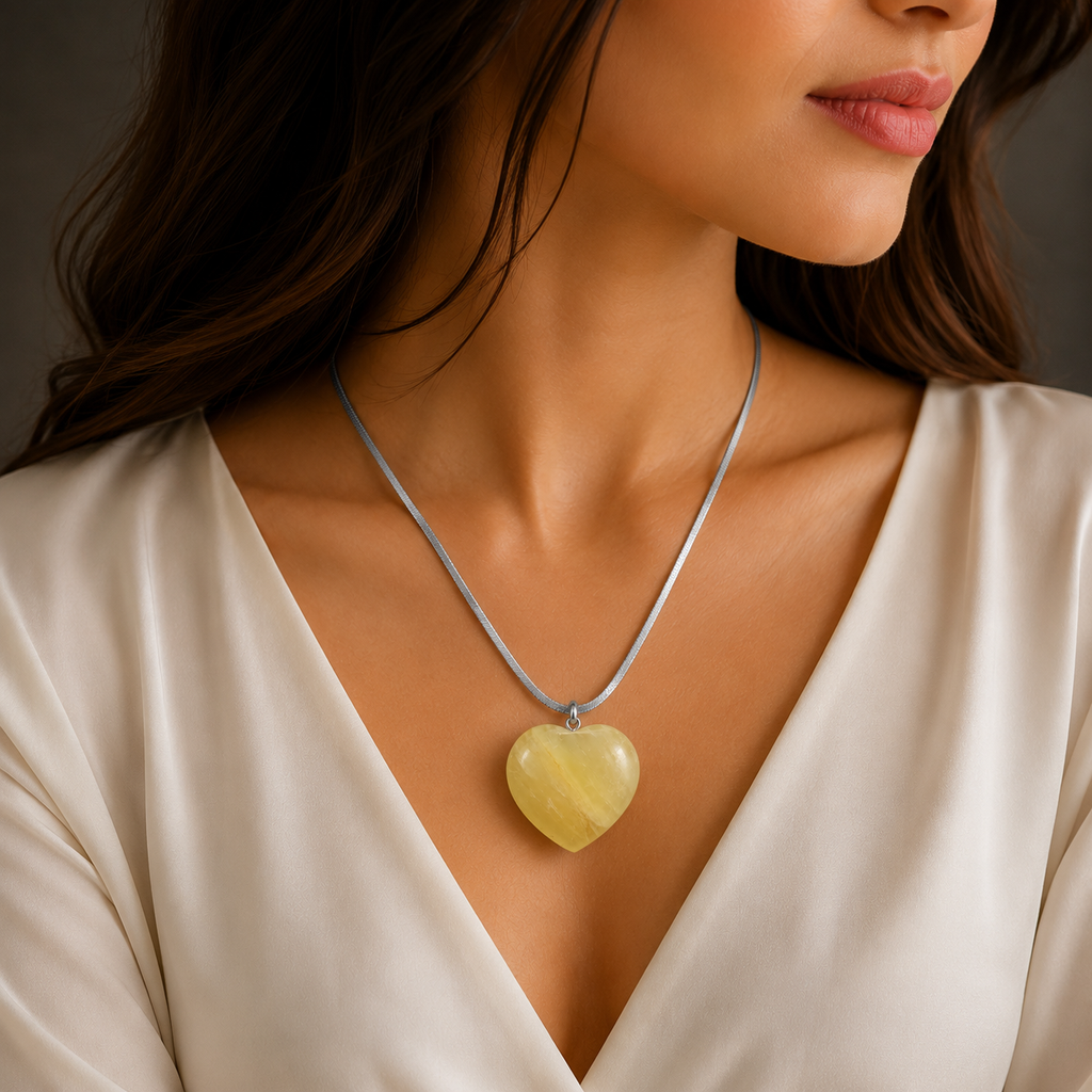 Natural Lemon Calcite Heart Pendant – Polished Yellow Crystal Necklace | Gemstone Jewelry Gift for Women & Men