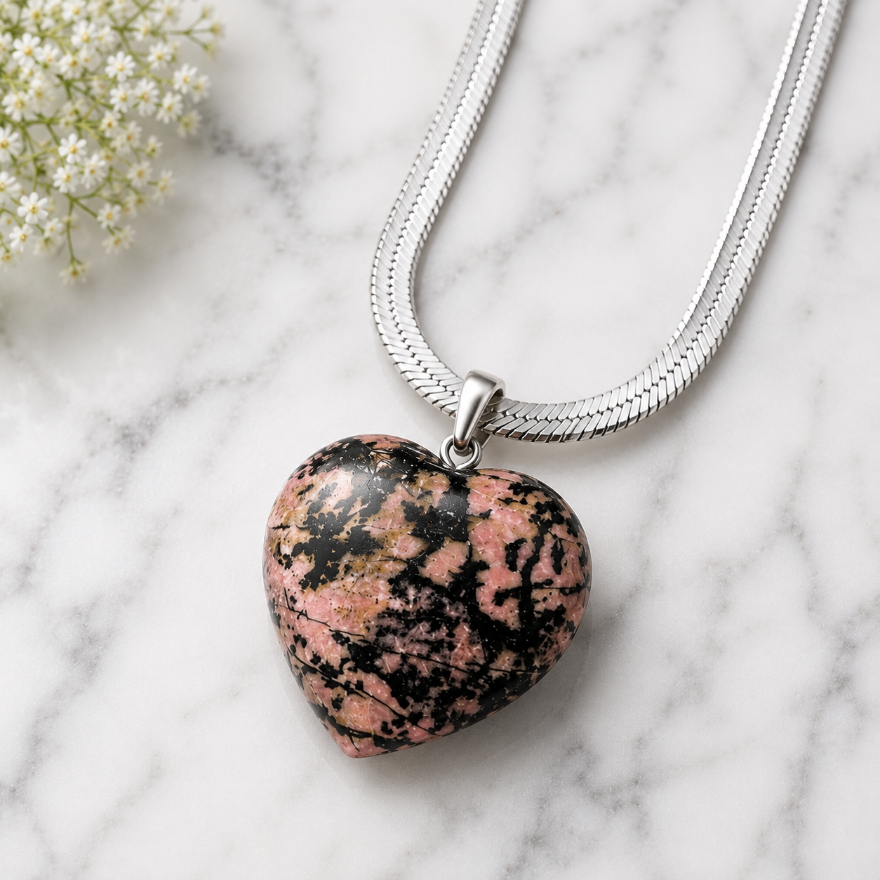 Natural Rhodonite Heart Pendant – Polished Pink & Black Gemstone Crystal Necklace | Jewelry Gift for Women & Men