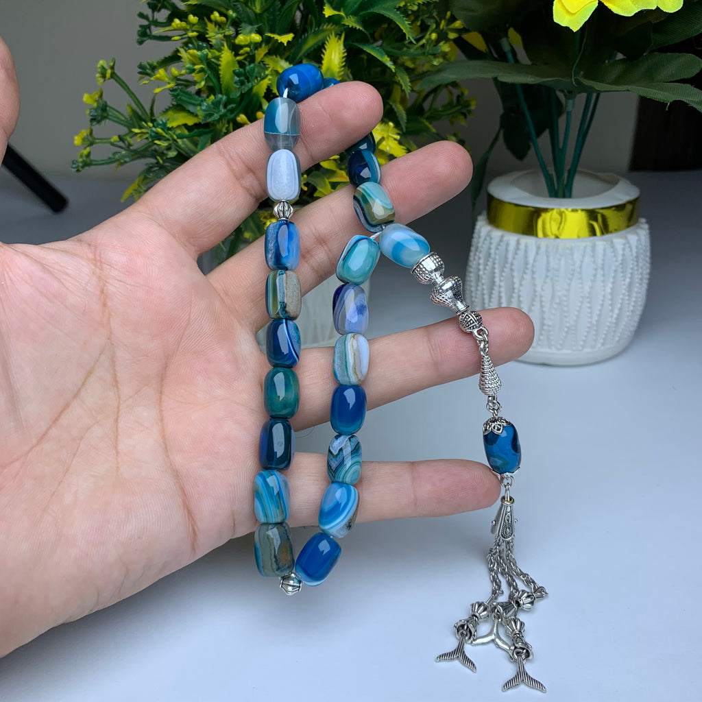 Blue Aqeeq Unique Shape Tasbih – Premium Handmade Natural Agate Prayer Beads