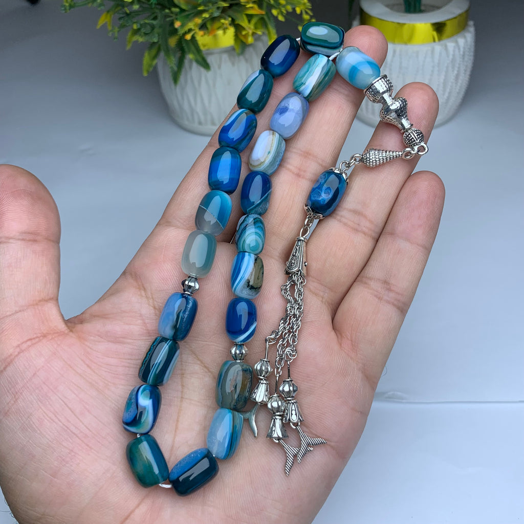 Blue Aqeeq Unique Shape Tasbih – Premium Handmade Natural Agate Prayer Beads