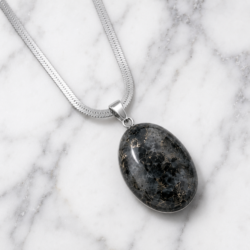Natural Larvikite Pendant – Polished Gray Flash Gemstone Crystal Necklace | Jewelry Gift for Women & Men