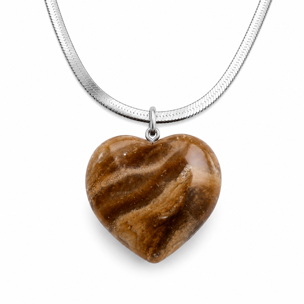 Natural Chocolate Calcite Heart Pendant – Polished Crystal Necklace | Healing Gemstone Jewelry | Gift for Women & Men