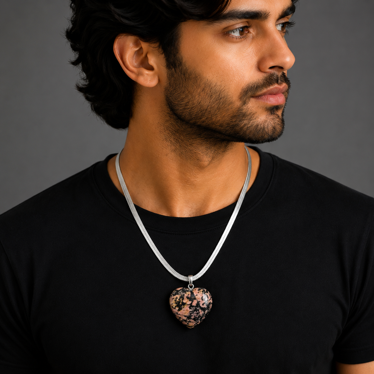 Natural Rhodonite Heart Pendant – Polished Pink & Black Gemstone Crystal Necklace | Jewelry Gift for Women & Men