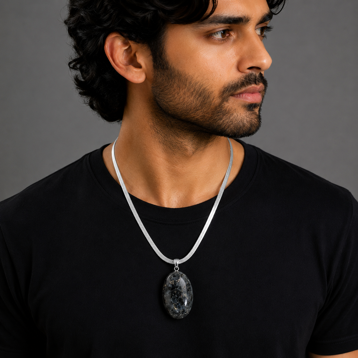 Natural Larvikite Pendant – Polished Gray Flash Gemstone Crystal Necklace | Jewelry Gift for Women & Men