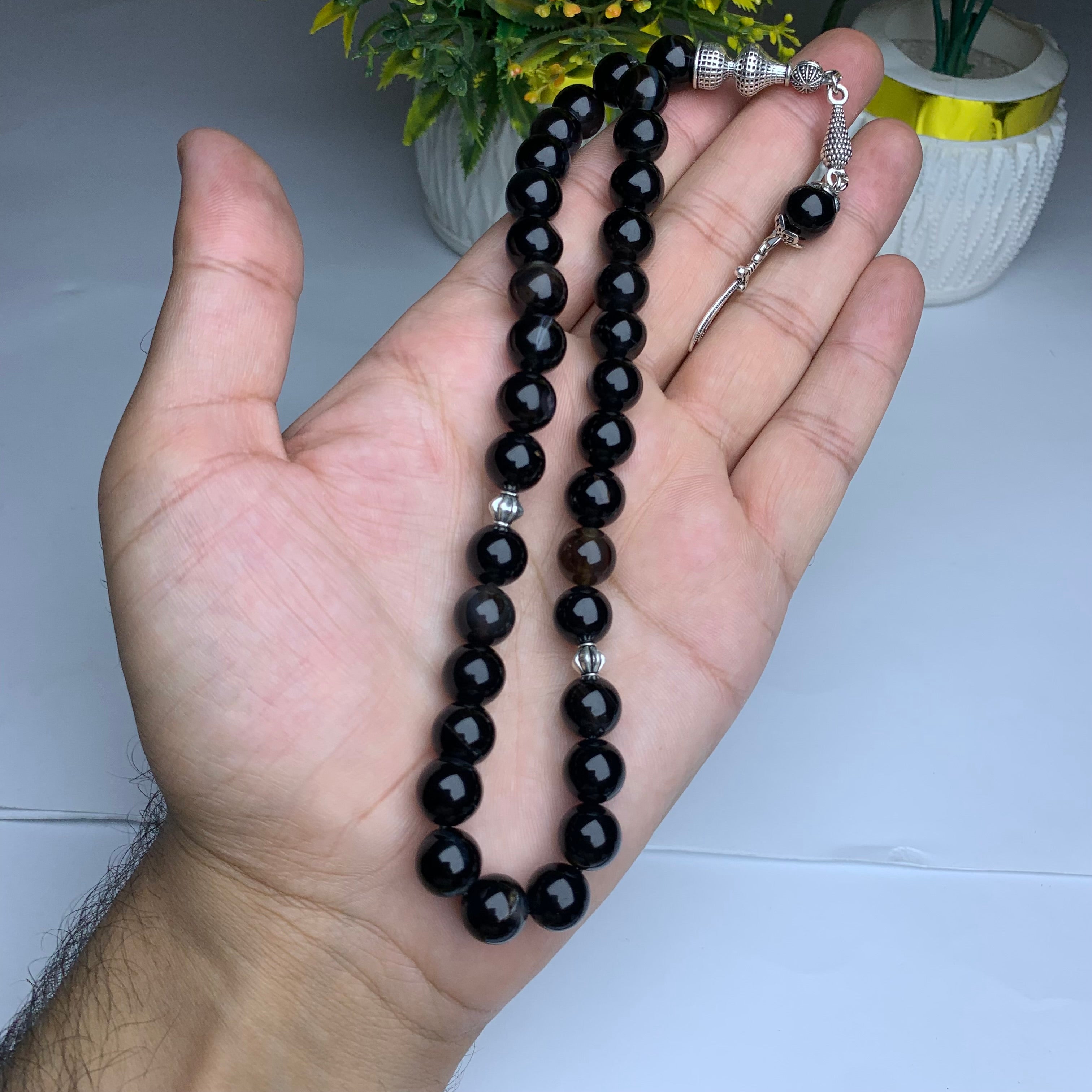 Black Sulamani Aqeeq Tasbih – Premium Handmade Natural Agate 33 Prayer Beads 10mm