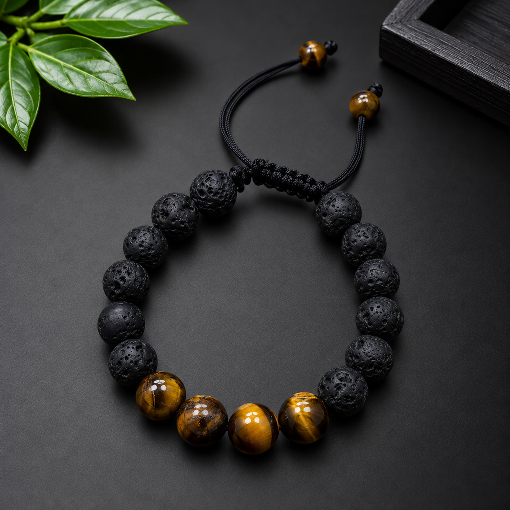 Tiger Eye & Lava Stone Combo Bracelet – Natural Gemstone Beads | Adjustable Bracelet
