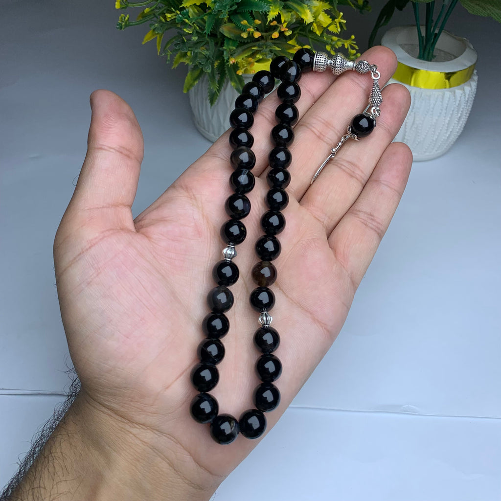 Black Sulamani Aqeeq Tasbih – Premium Handmade Natural Agate 33 Prayer Beads 10mm