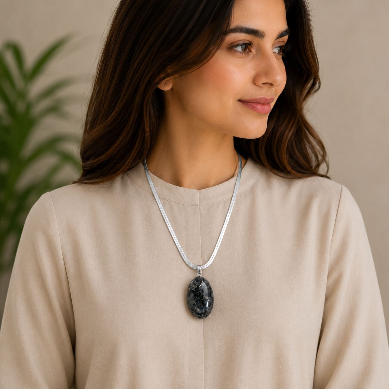Natural Larvikite Pendant – Polished Gray Flash Gemstone Crystal Necklace | Jewelry Gift for Women & Men