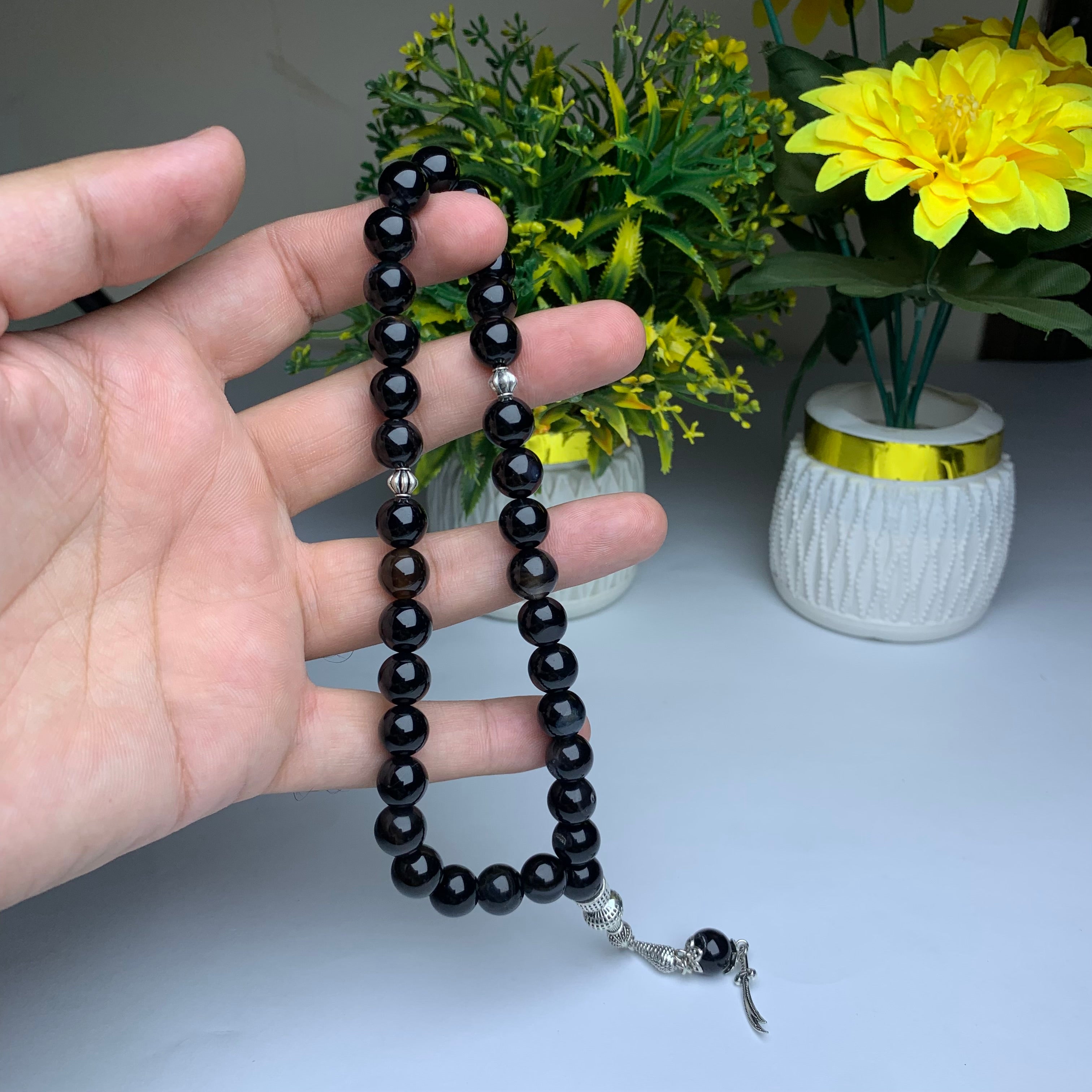 Black Sulamani Aqeeq Tasbih – Premium Handmade Natural Agate 33 Prayer Beads 10mm