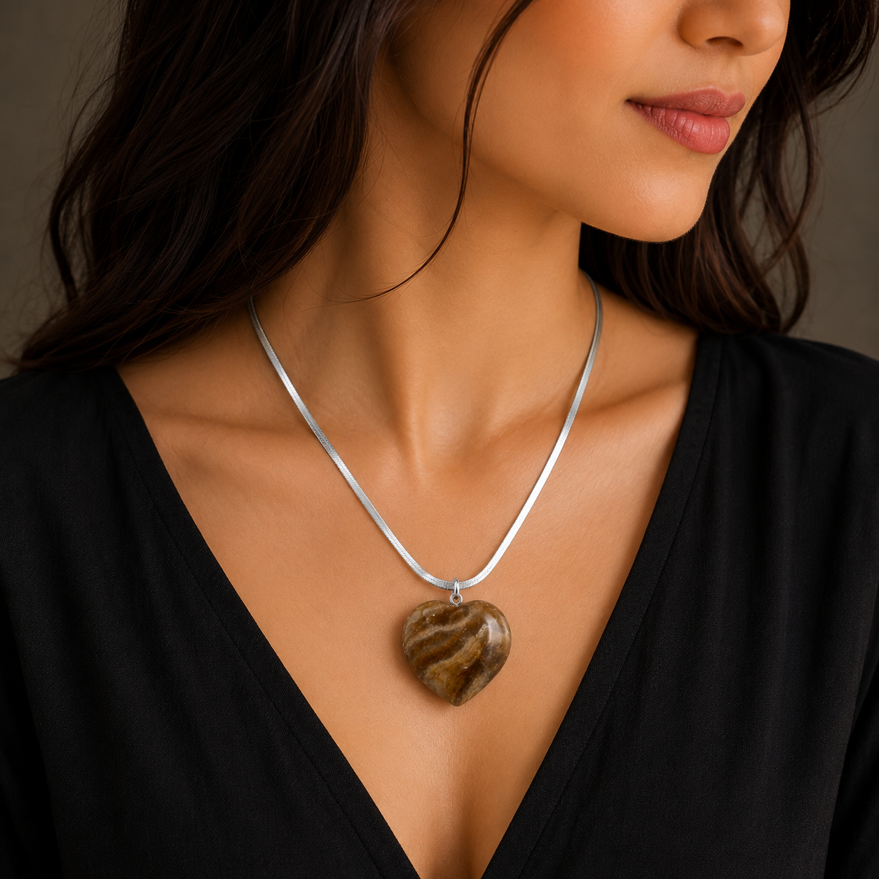 Natural Chocolate Calcite Heart Pendant – Polished Crystal Necklace | Healing Gemstone Jewelry | Gift for Women & Men