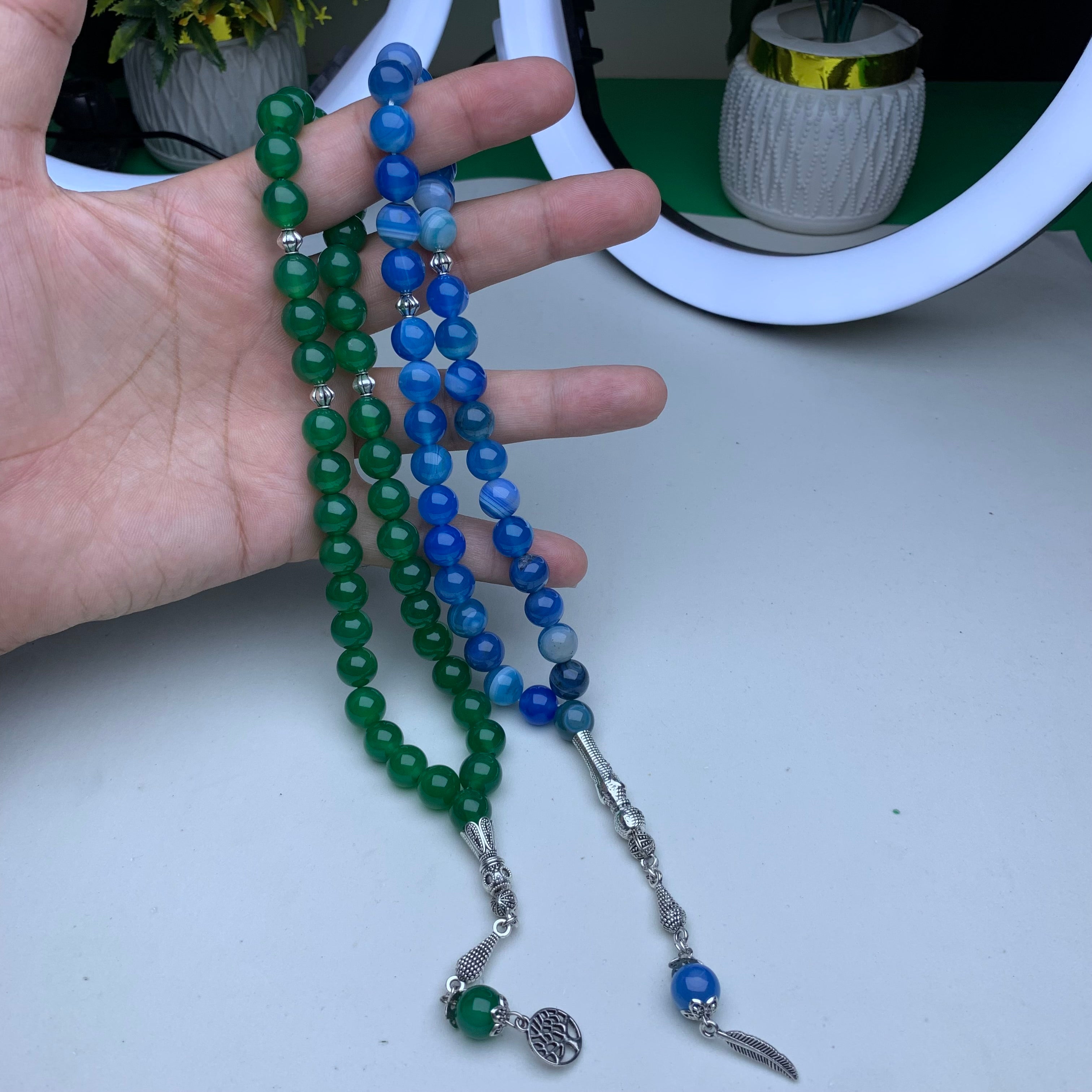 Deal of 2 Natural Aqeeq Tasbihs – Blue Aqeeq & Black Aqeeq Prayer Beads | Premium Quality | Parcel Open Before Payment