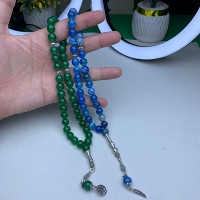 Deal of 2 Natural Aqeeq Tasbihs – Blue Aqeeq & Black Aqeeq Prayer Beads | Premium Quality | Parcel Open Before Payment
