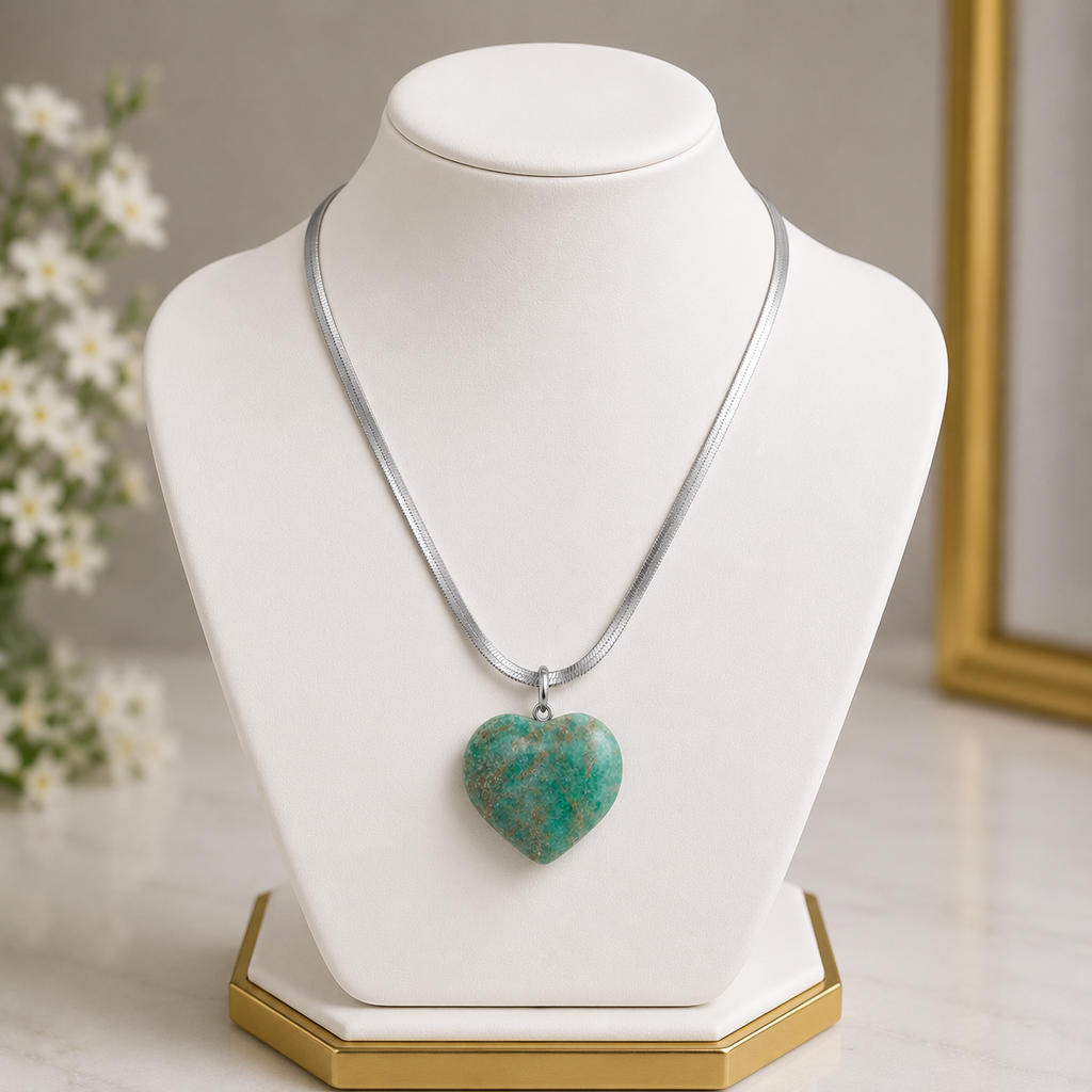 Natural Amazonite Heart Pendant – Polished Gemstone Crystal Necklace | Handmade Jewelry Gift for Women & Men