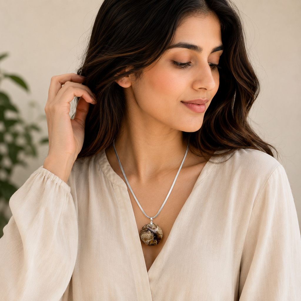 Natural Chocolate Calcite Pendant – Polished Brown Gemstone Crystal Necklace | Jewelry Gift for Women & Men