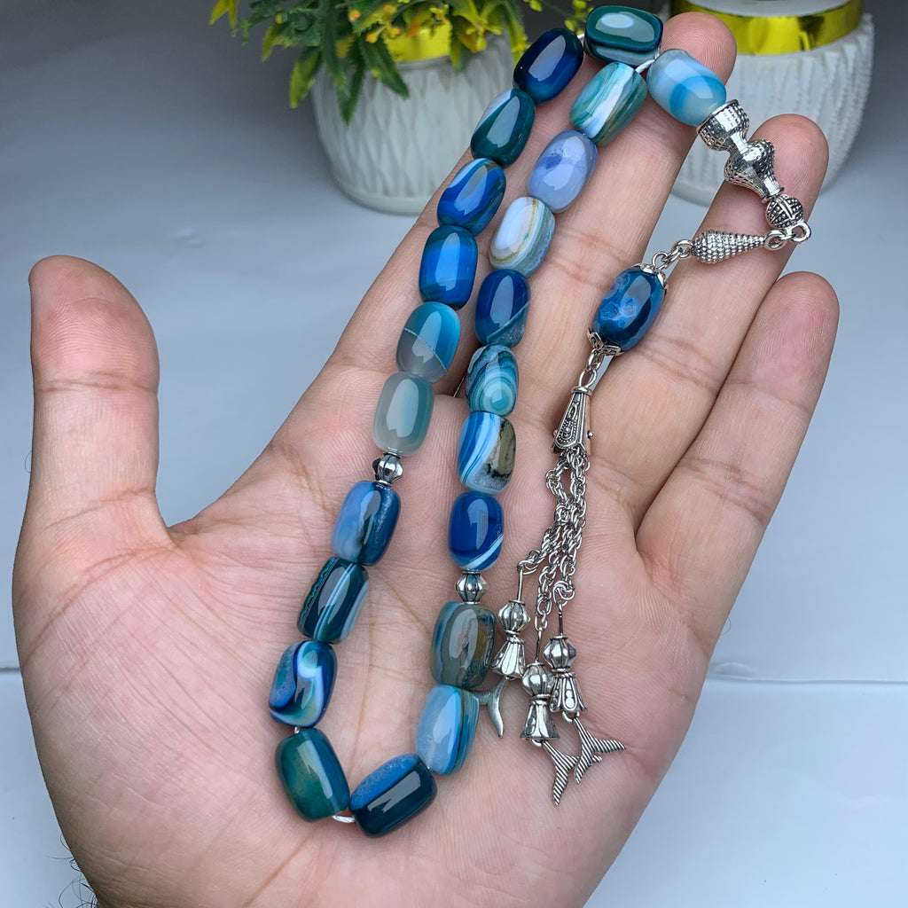 Blue Aqeeq Unique Shape Tasbih – Premium Handmade Natural Agate Prayer Beads