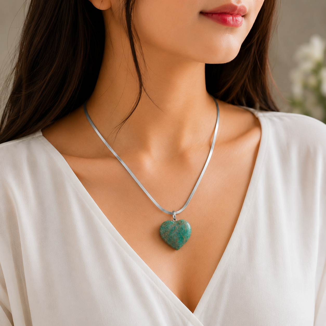 Natural Amazonite Heart Pendant – Polished Gemstone Crystal Necklace | Handmade Jewelry Gift for Women & Men