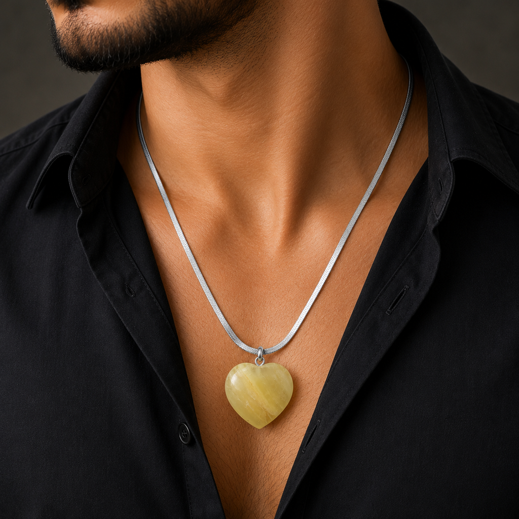 Natural Lemon Calcite Heart Pendant – Polished Yellow Crystal Necklace | Gemstone Jewelry Gift for Women & Men
