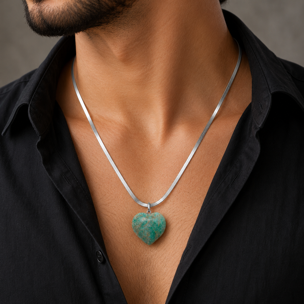 Natural Amazonite Heart Pendant – Polished Gemstone Crystal Necklace | Handmade Jewelry Gift for Women & Men