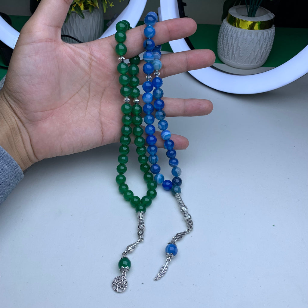 Deal of 2 Natural Aqeeq Tasbihs – Blue Aqeeq & Black Aqeeq Prayer Beads | Premium Quality | Parcel Open Before Payment