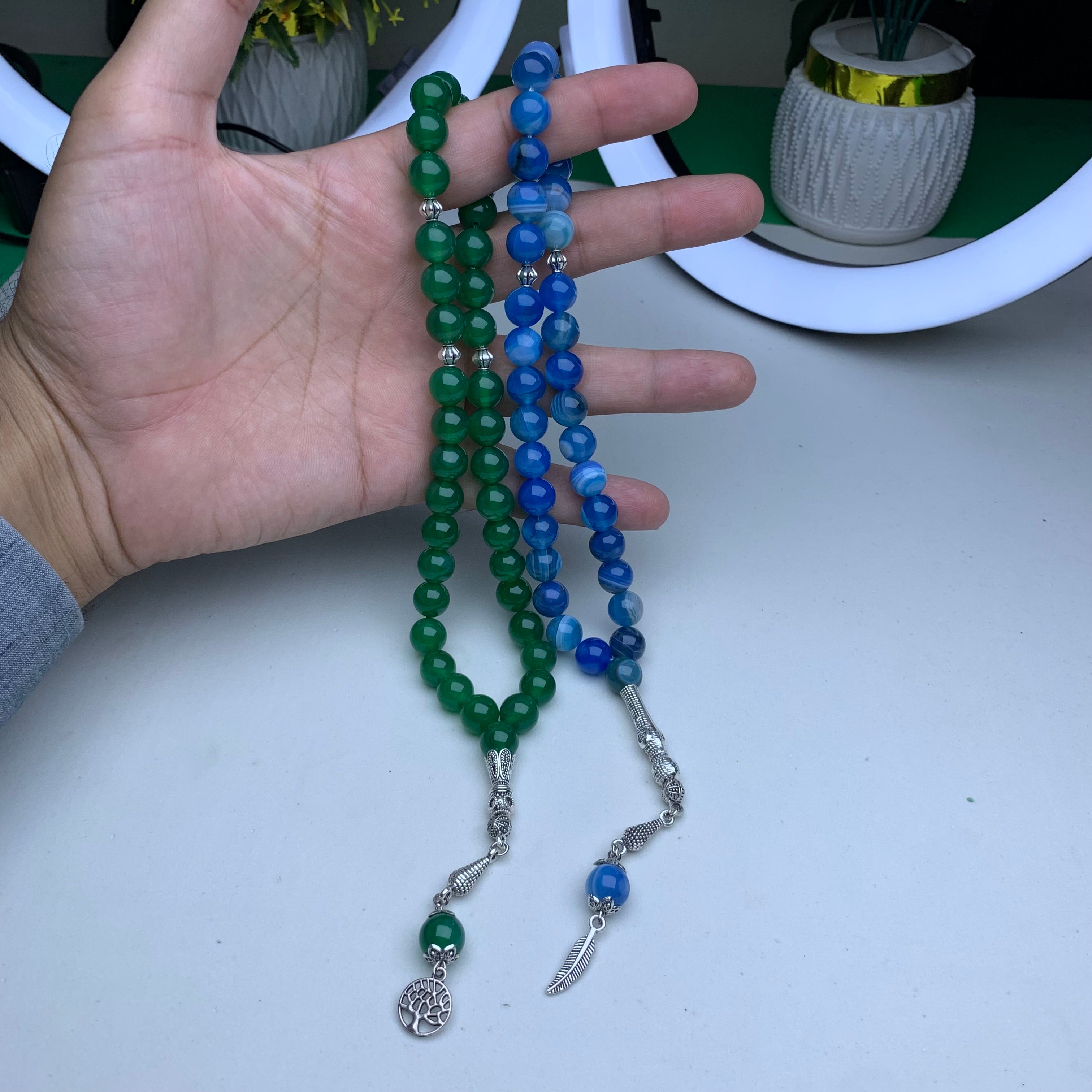 Deal of 2 Natural Aqeeq Tasbihs – Blue Aqeeq & Black Aqeeq Prayer Beads | Premium Quality | Parcel Open Before Payment
