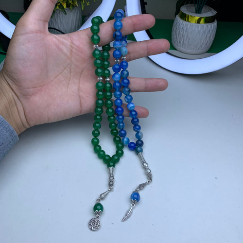 Deal of 2 Natural Aqeeq Tasbihs – Blue Aqeeq & Black Aqeeq Prayer Beads | Premium Quality | Parcel Open Before Payment