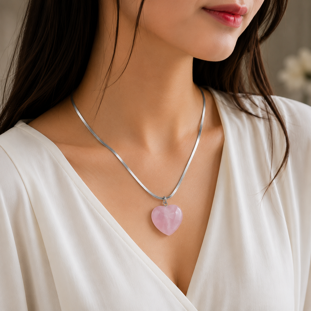 Natural Rose Quartz Heart Pendant – Polished Pink Crystal Necklace | Gemstone Jewelry Gift for Women & Men