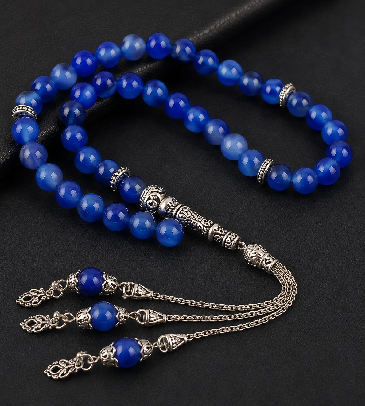 Blue Aqeeq Tasbih – Premium Natural Agate Prayer Beads with Silver Tassel