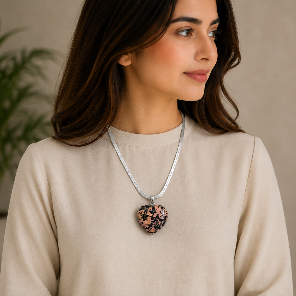 Natural Rhodonite Heart Pendant – Polished Pink & Black Gemstone Crystal Necklace | Jewelry Gift for Women & Men