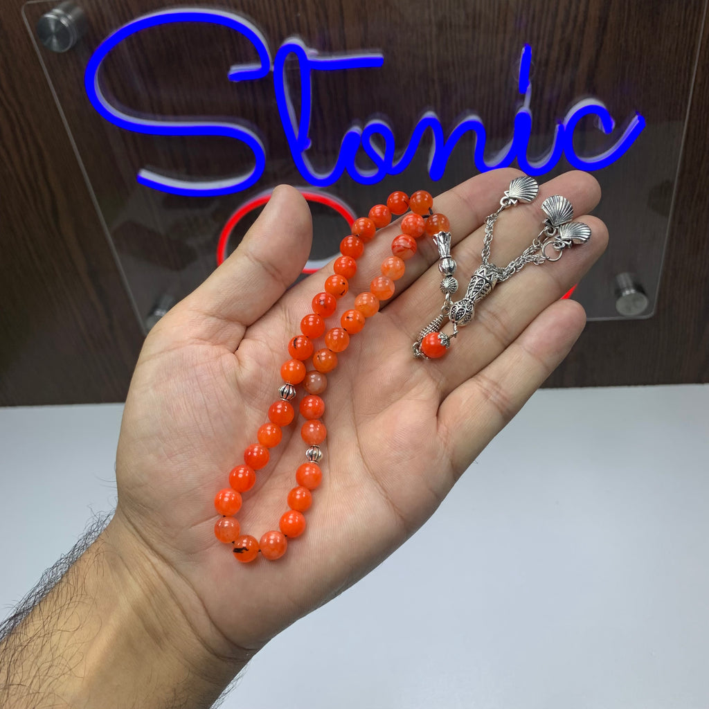 Natural Orange Aqeeq Tasbih – 33 Prayer Beads | Genuine Orange Agate Misbaha | Handmade Islamic Prayer Beads