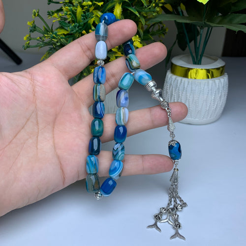 Blue Aqeeq Unique Shape Tasbih – Premium Handmade Natural Agate Prayer Beads