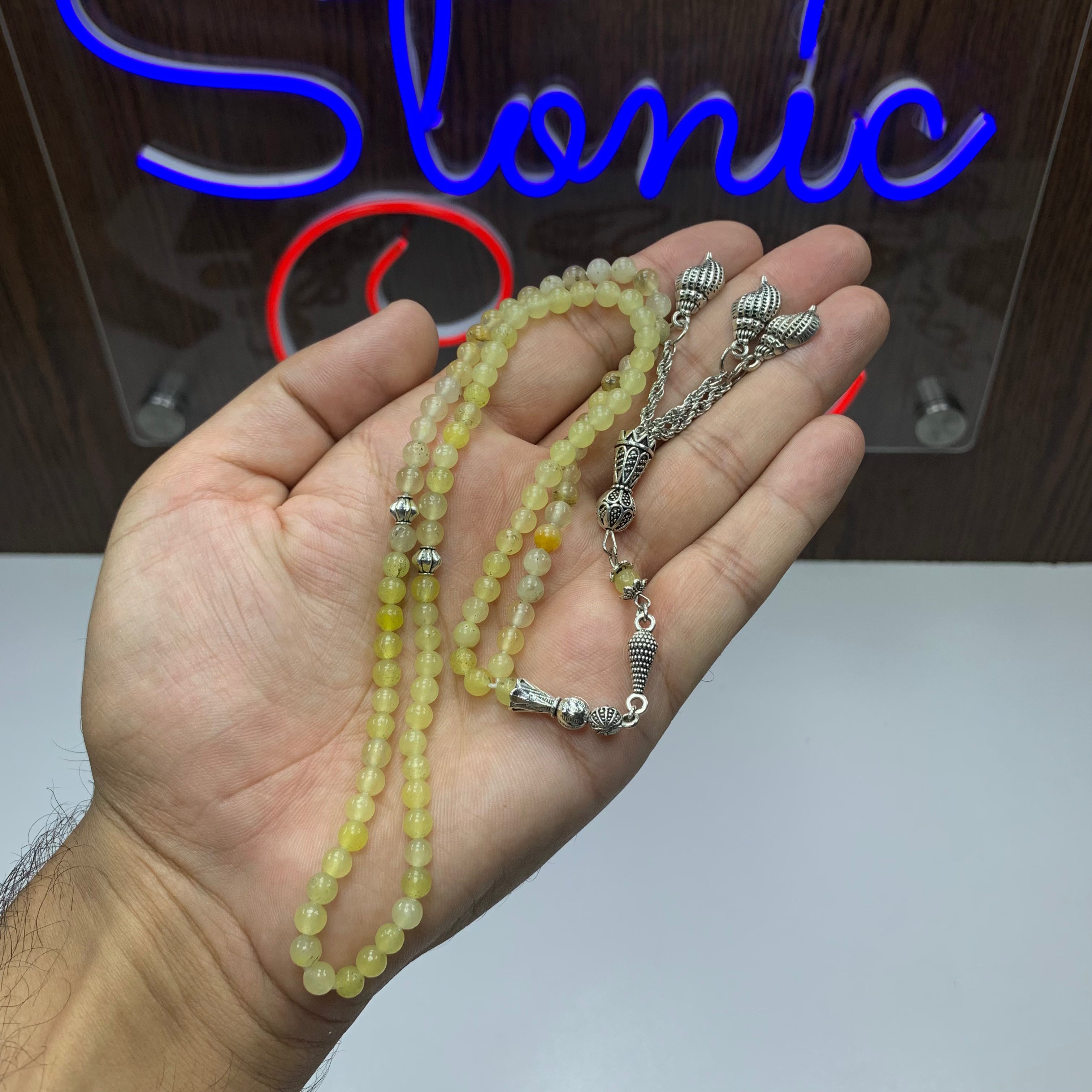 Natural Lemon Aqeeq Tasbih – 100 Prayer Beads | 6mm Genuine Agate Misbaha | Handmade Islamic Prayer Beads