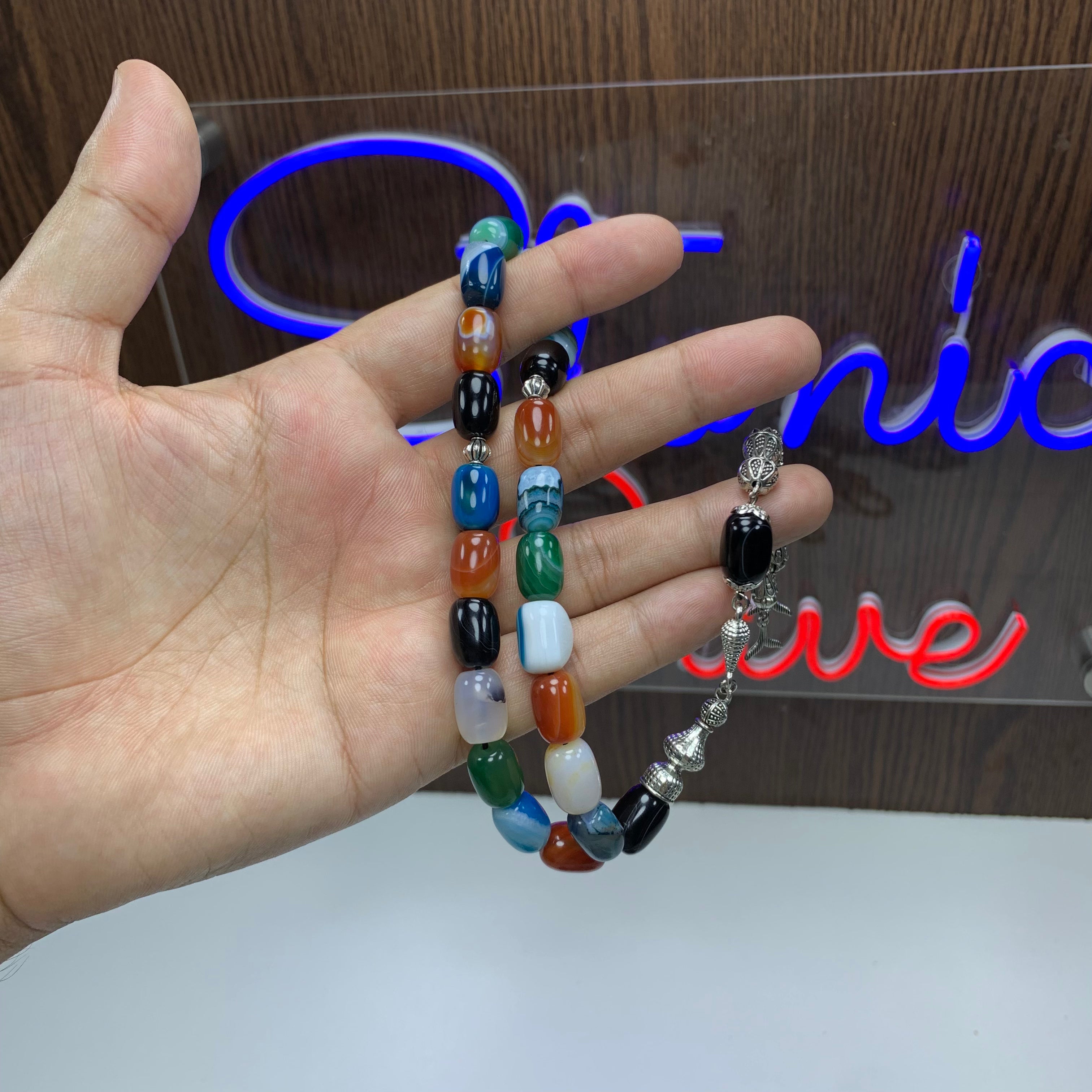 Natural Mixed Agate Tasbih – 21 Prayer Beads | Genuine Gemstone Misbaha | Handmade Islamic Prayer Beads