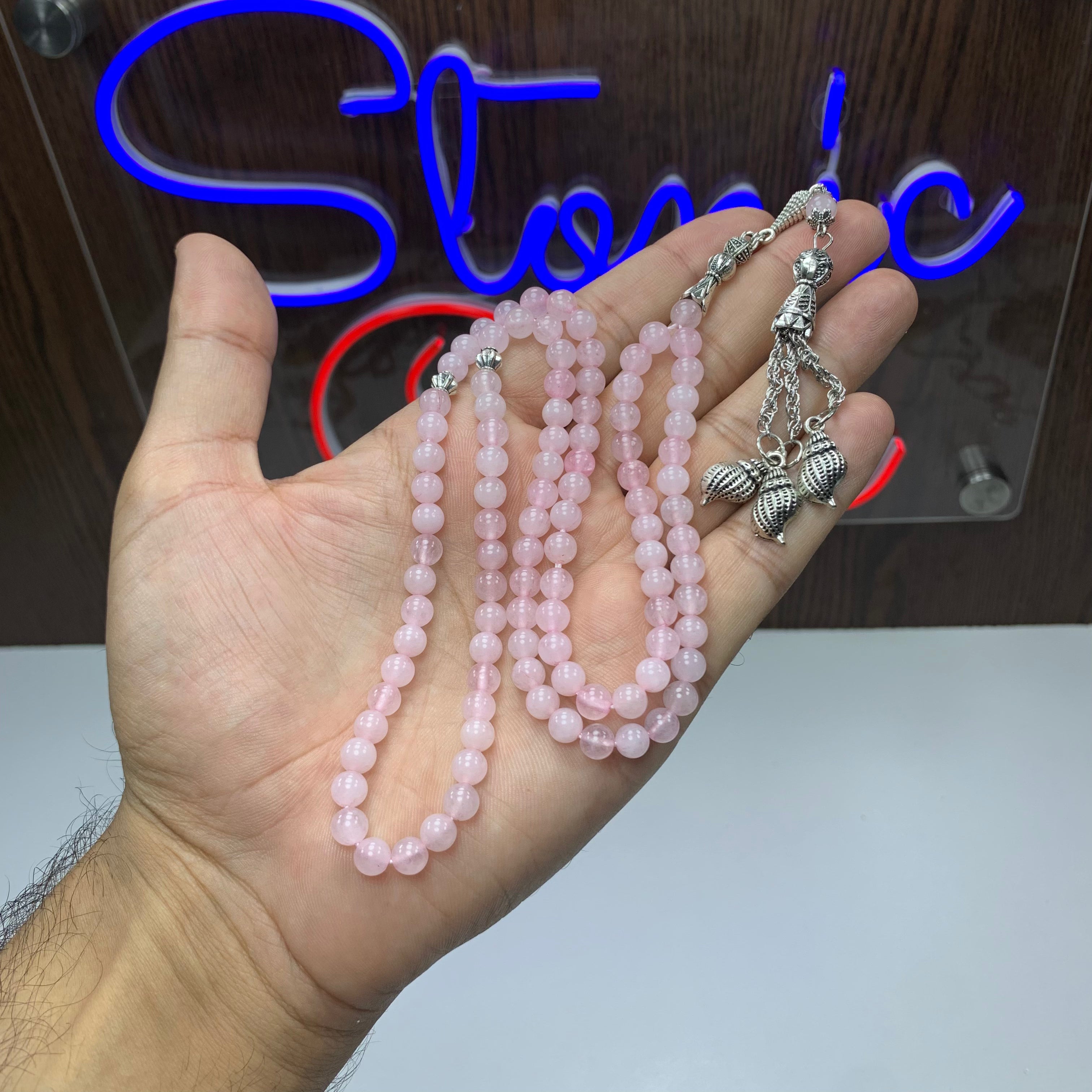 Natural Rose Quartz Tasbih – 100 Prayer Beads | Genuine Rose Quartz Misbaha | Handmade Islamic Prayer Beads