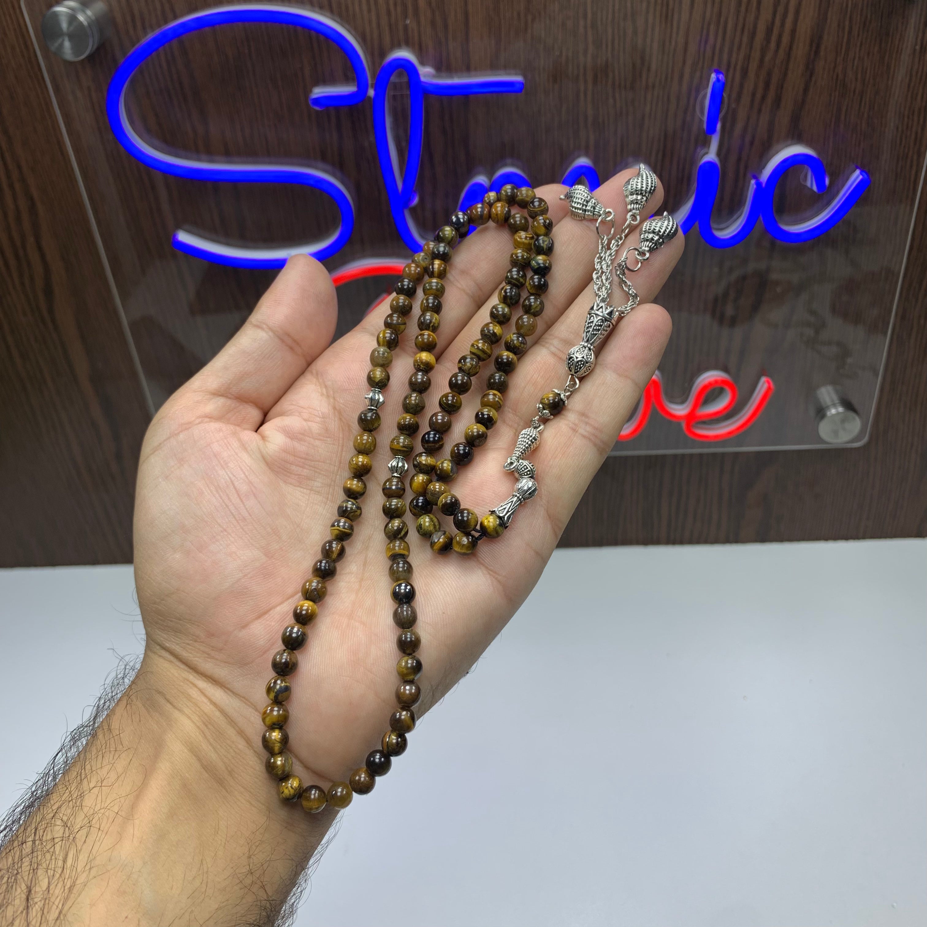 Natural Tiger Aqeeq Tasbih – 100 Prayer Beads | 6mm Genuine Agate Misbaha | Handmade Islamic Prayer Beads