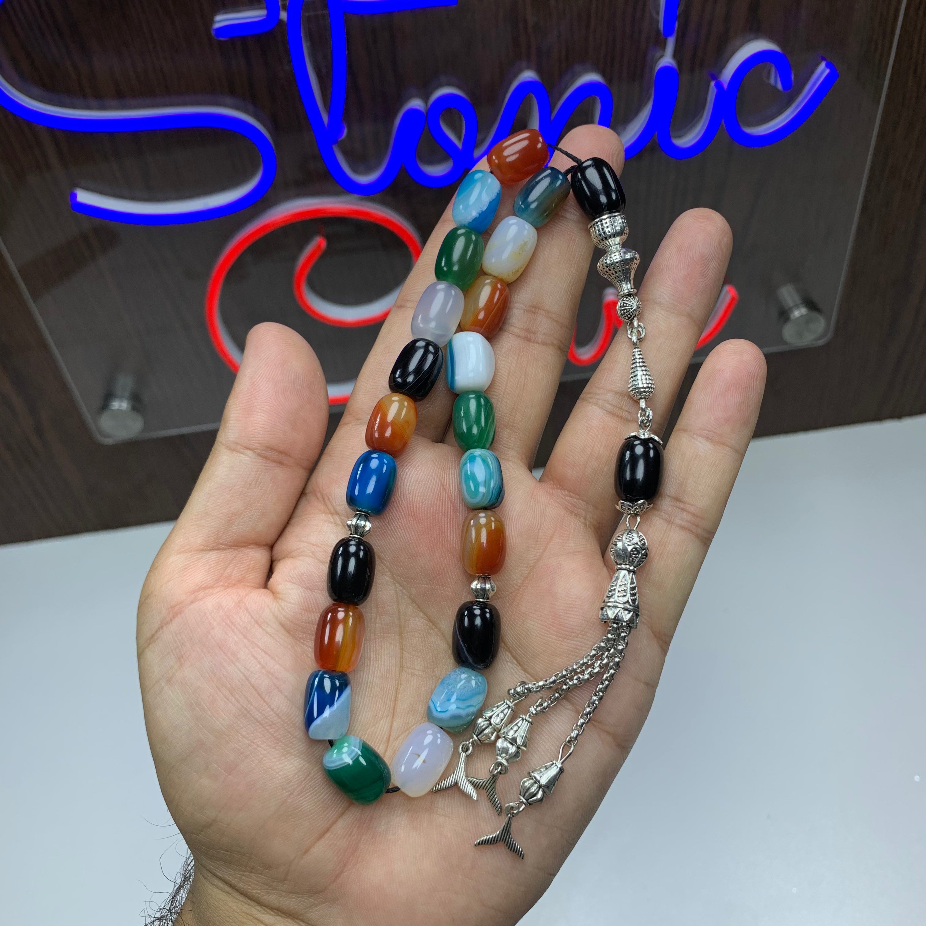 Natural Mixed Agate Tasbih – 21 Prayer Beads | Genuine Gemstone Misbaha | Handmade Islamic Prayer Beads