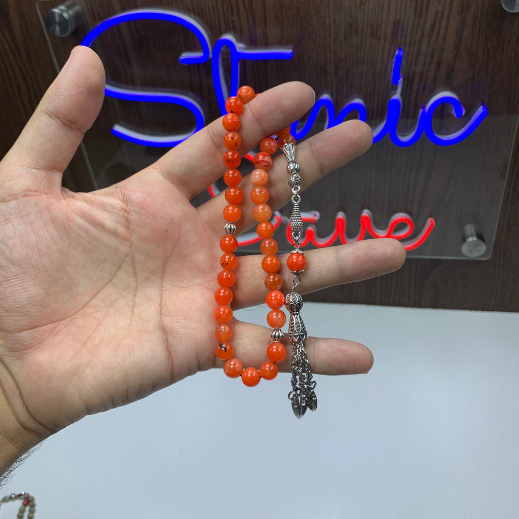 Natural Orange Aqeeq Tasbih – 33 Prayer Beads | Genuine Orange Agate Misbaha | Handmade Islamic Prayer Beads
