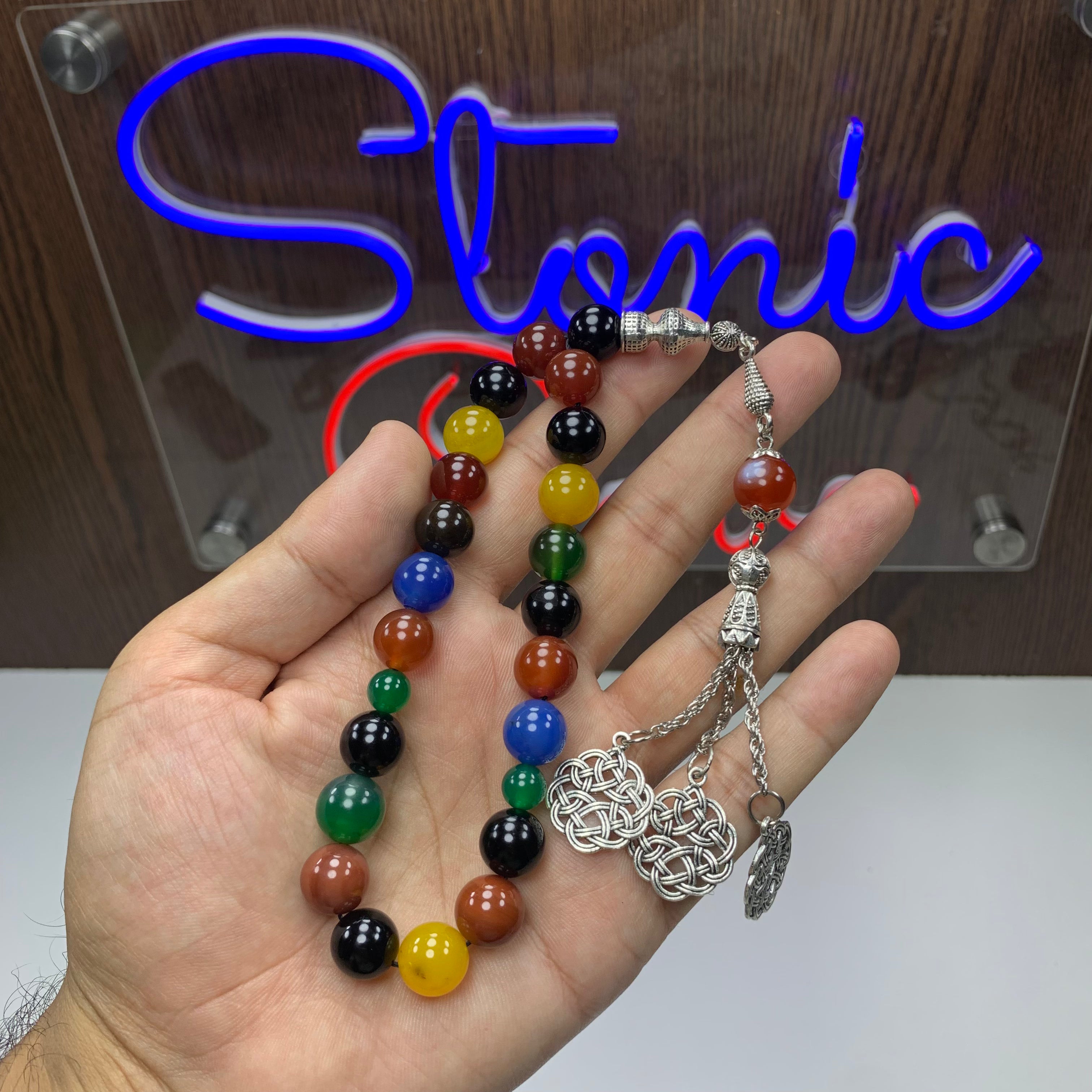 Natural Mixed Color Aqeeq Tasbih – 21 Prayer Beads | 14mm Genuine Agate Misbaha | Handmade Islamic Prayer Beads