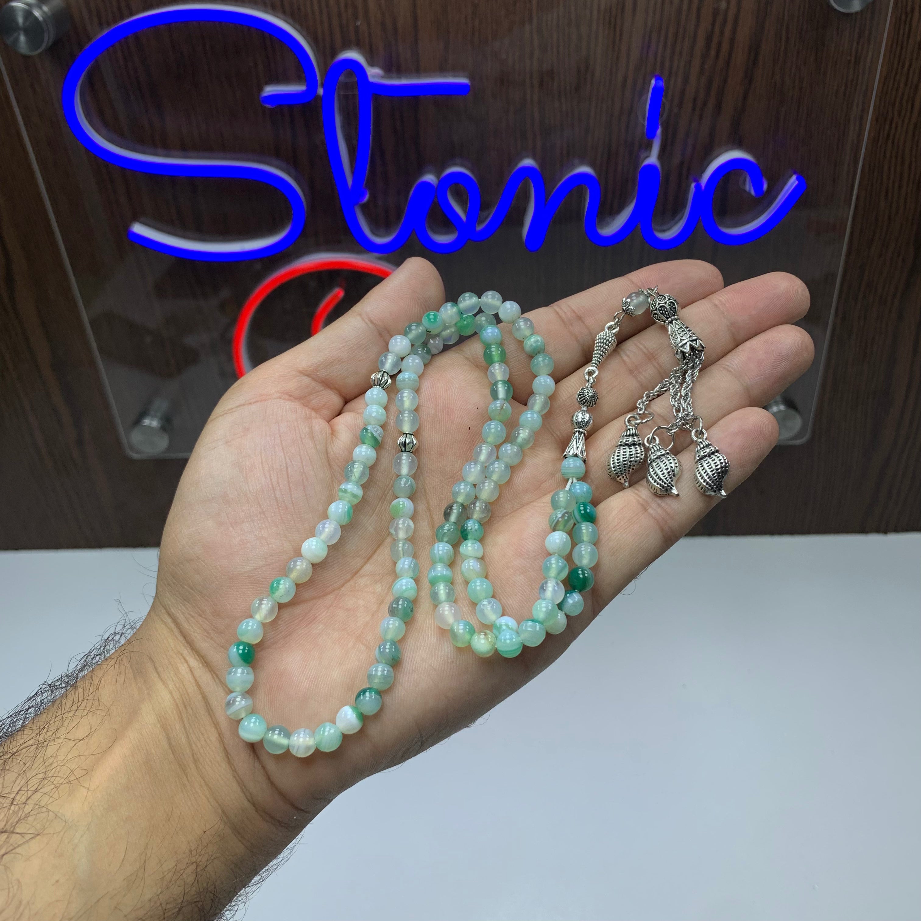 Natural Green Aqeeq Tasbih – 100 Prayer Beads | Genuine Green Agate Misbaha | Handmade Islamic Prayer Beads