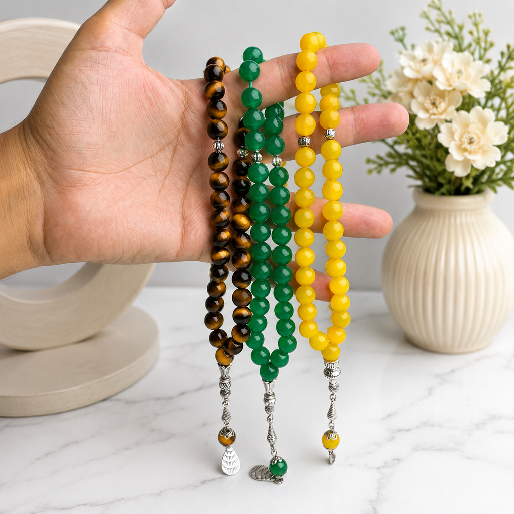 3 Aqeeq Tasbih Deal – Yellow, Green & Tiger Aqeeq | Free Delivery | COD | Check Parcel Before Payment