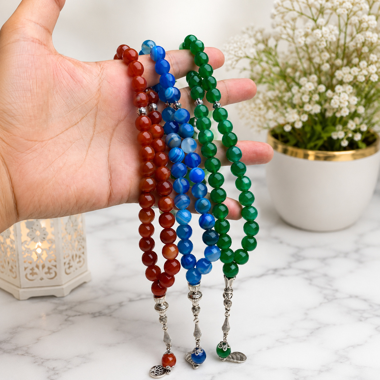 3 Aqeeq Tasbih Deal – Yemeni, Blue & Green | Free Home Delivery parcel allow to open