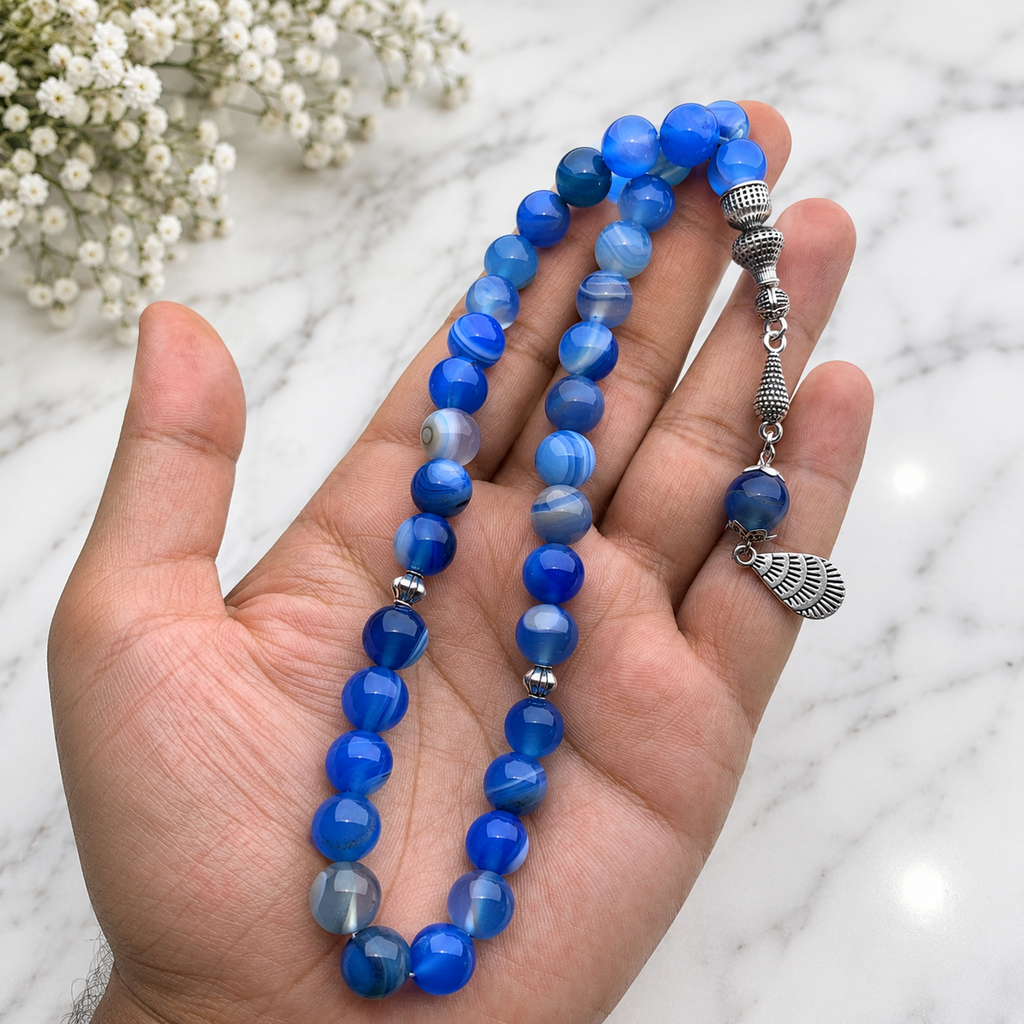 💙 Blue Colour Aqeeq Tasbih – 33 Prayer Beads | 10mm Beads | Free Delivery 🚚 | ادائیگی سے پہلے پارسل کھول کر چیک کریں 📦