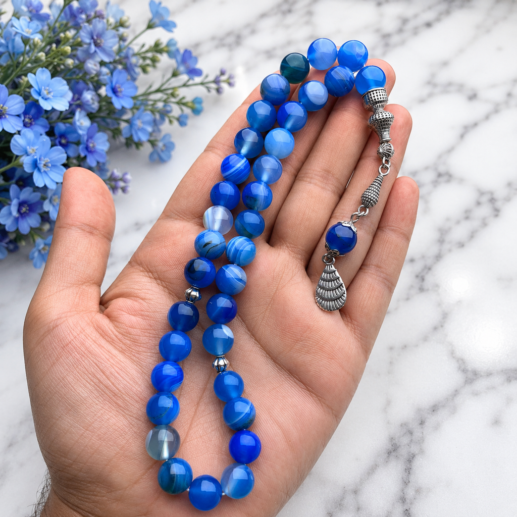 💙 Blue Colour Aqeeq Tasbih – 33 Prayer Beads | 10mm Beads | Free Delivery 🚚 | ادائیگی سے پہلے پارسل کھول کر چیک کریں 📦