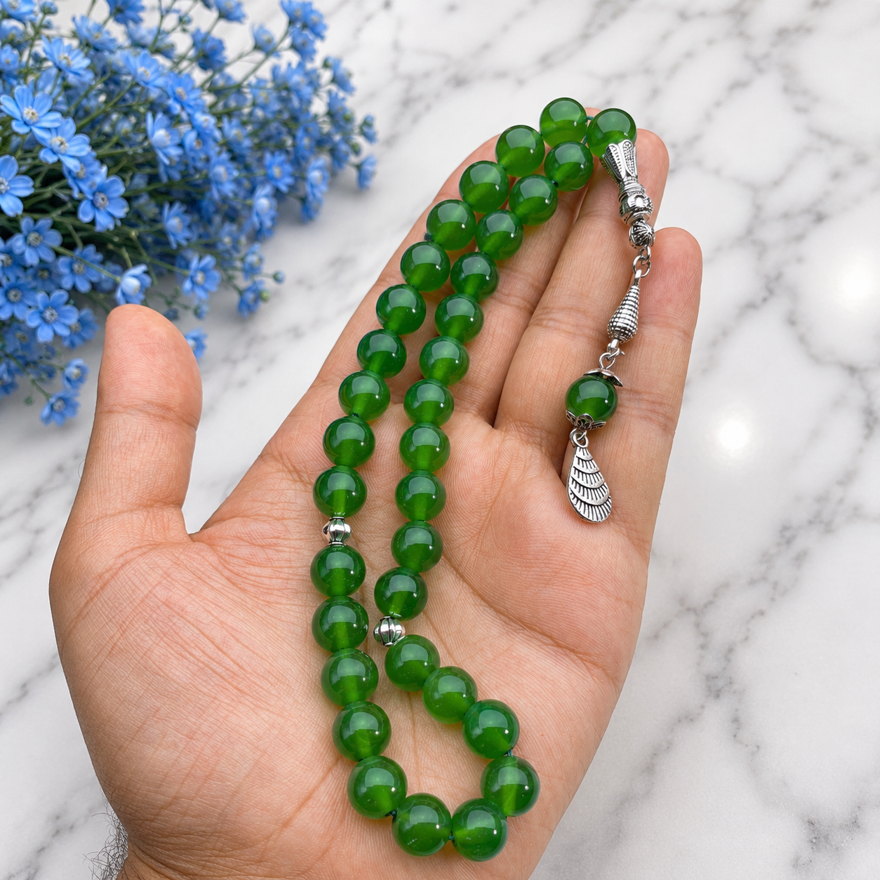 💚 Green Aqeeq Tasbih – 33 Prayer Beads | 10mm Beads | Free Delivery 🚚 | ادائیگی سے پہلے پارسل کھول کر چیک کریں 📦