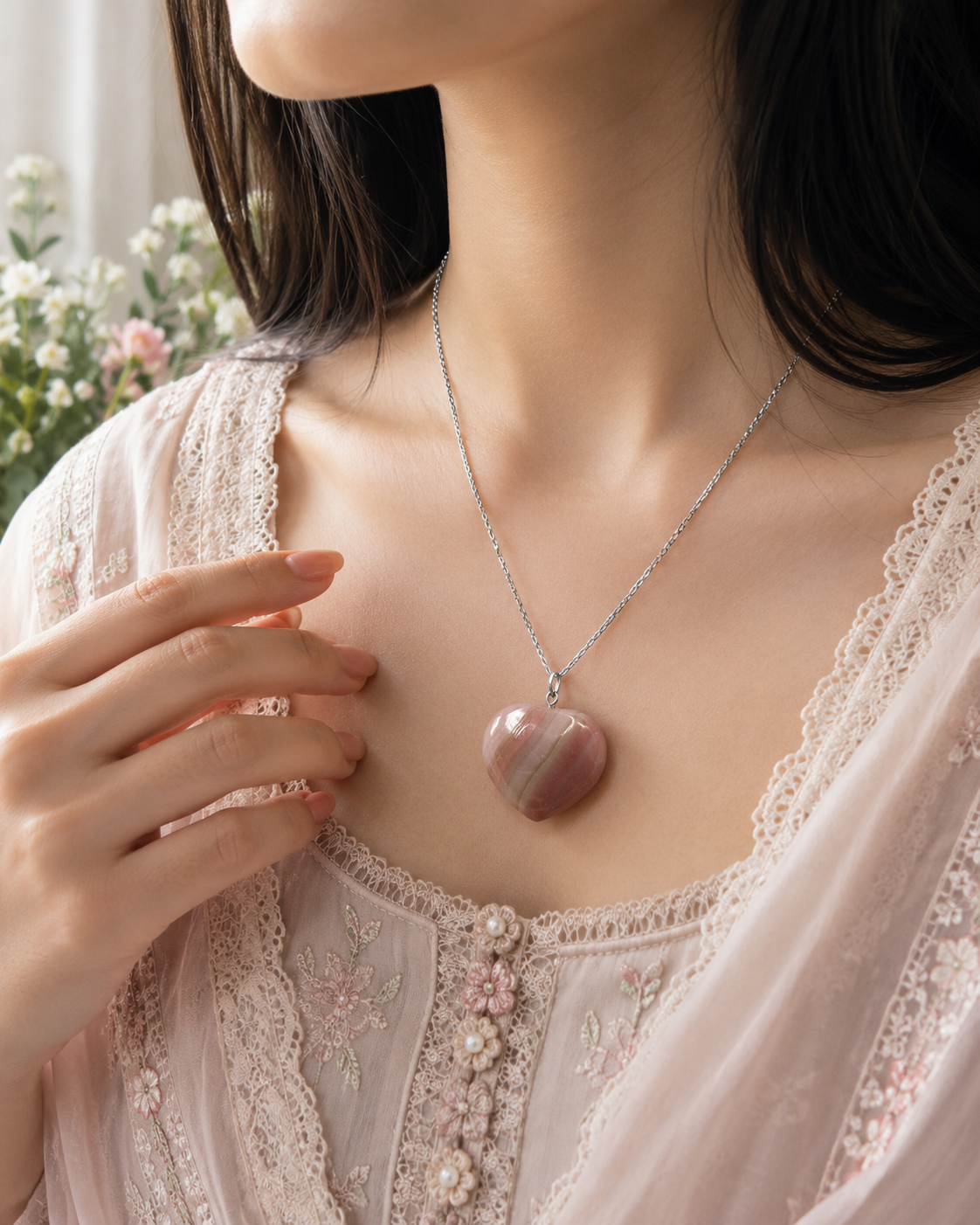 Natural Pink Banded Onyx Heart Pendant – Handmade Crystal Gemstone Pendant | Unisex Jewelry Gift for Men & Women