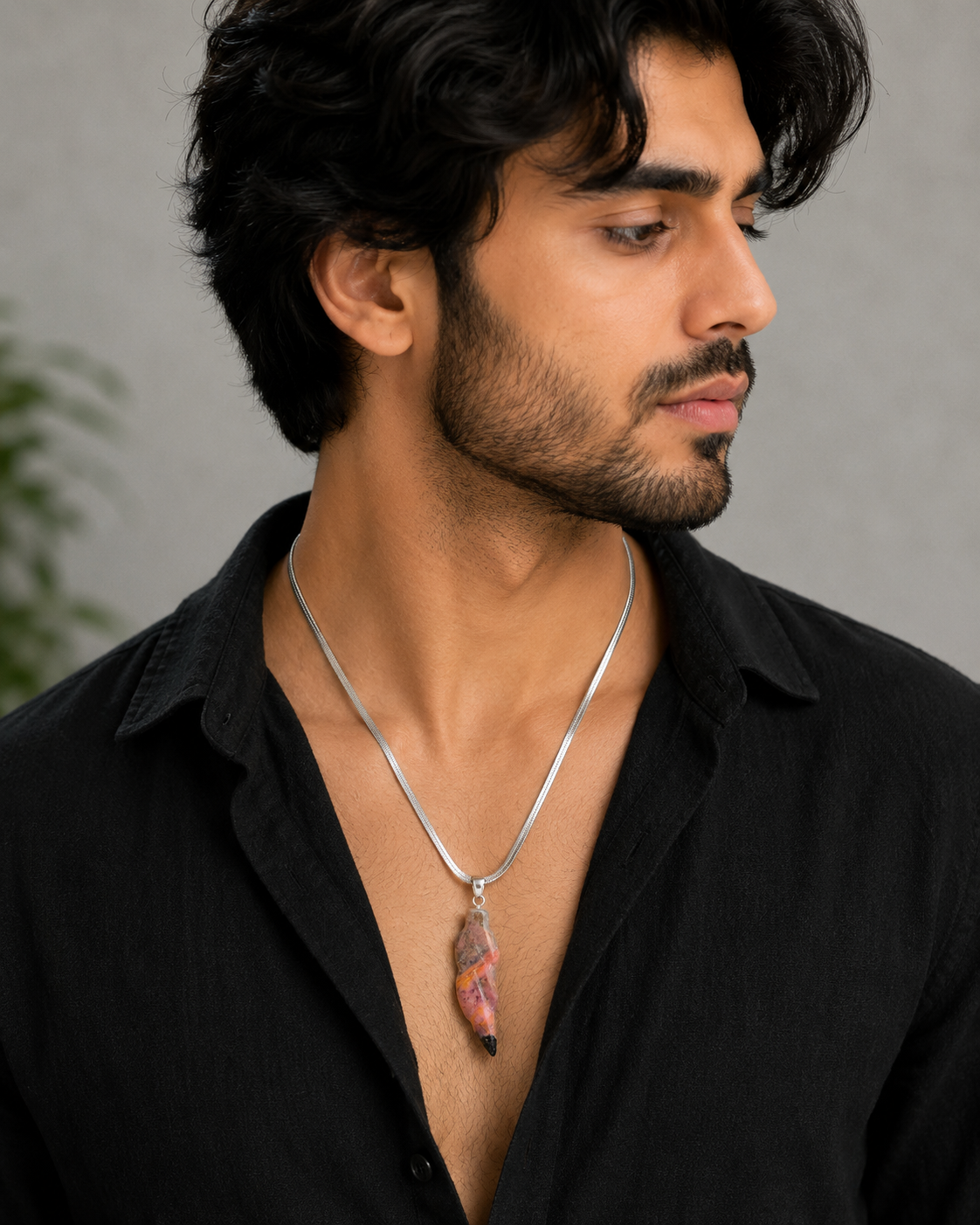 Natural Rhodonite Pendant – Polished Pink & Black Gemstone Crystal Necklace | Jewelry Gift for Women & Men