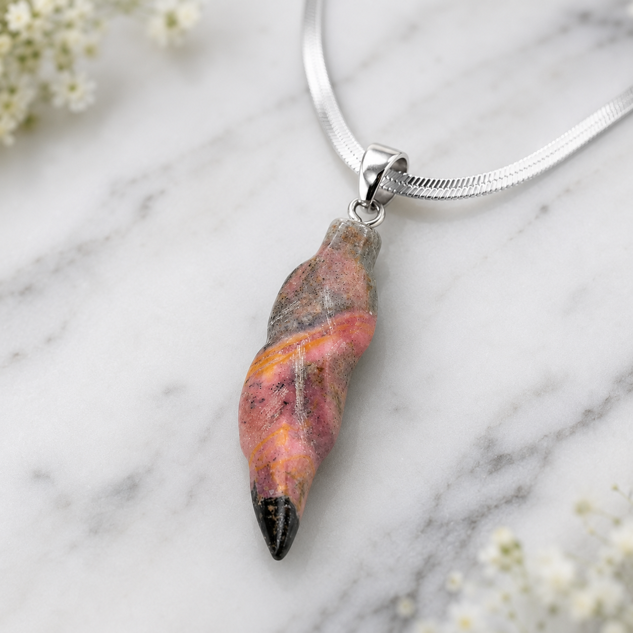 Natural Rhodonite Pendant – Polished Pink & Black Gemstone Crystal Necklace | Jewelry Gift for Women & Men
